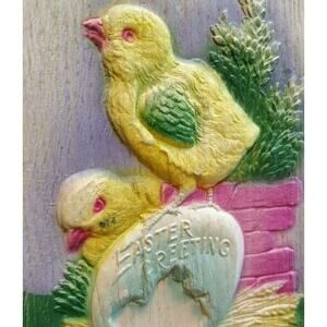 Vintage Easter Postcard Thick 3-D Raised Image Big Egg Two Chicks Pastel Unused